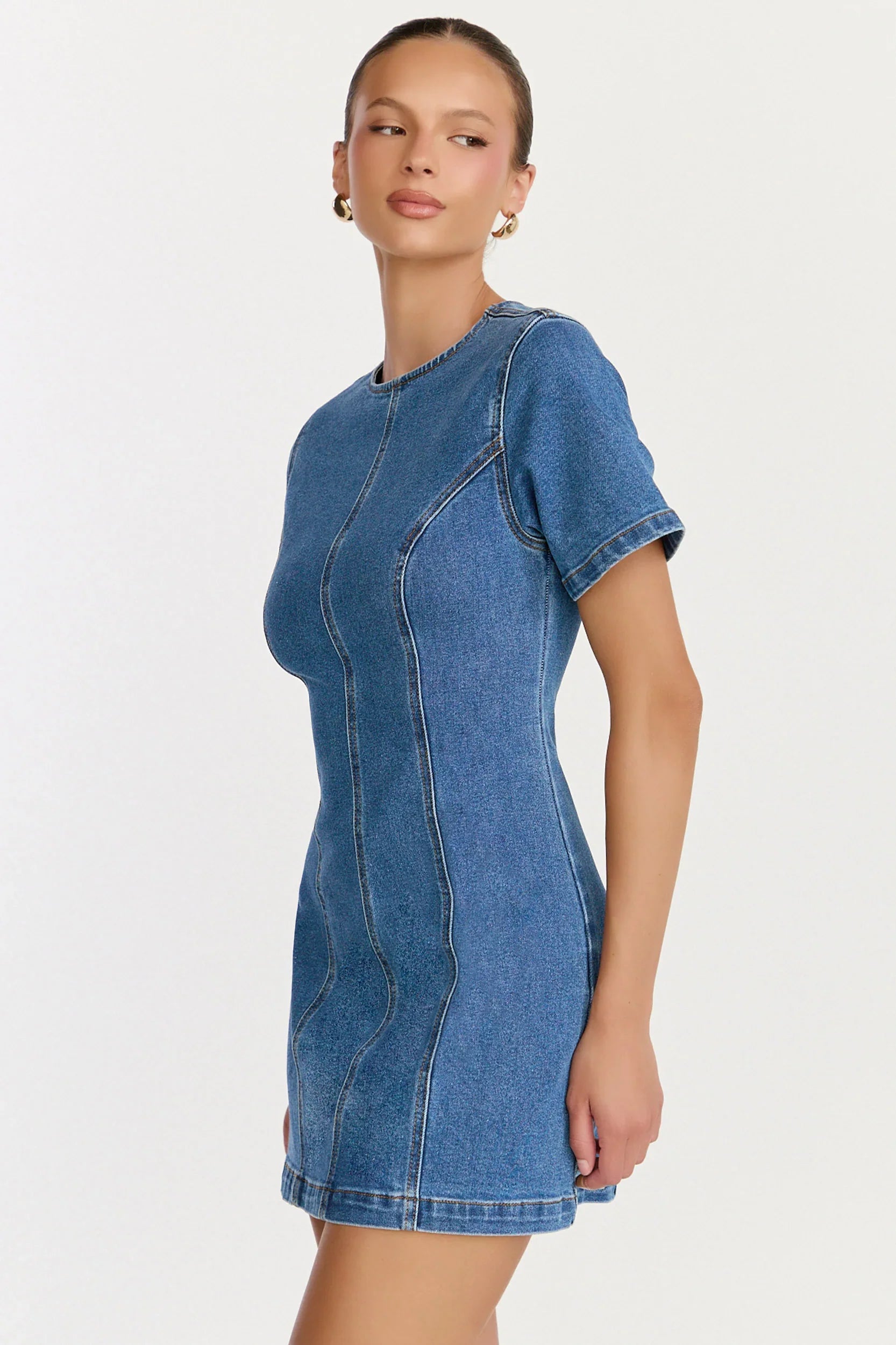 Camellia Mini Dress High Neck A Line Dress in Mid Blue Wash