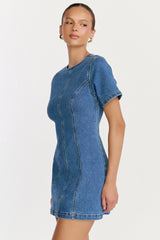 Camellia Mini Dress High Neck A Line Dress in Mid Blue Wash