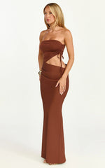 Fergie Maxi Dress Strapless Side Ruched Cut Out Fitted Dress in chestnut brown