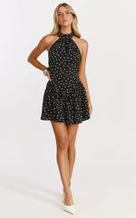 Ruby Mini Dress Halter Neck Tie Drop V Waist Gathered Dress in Black Polka Dot Print