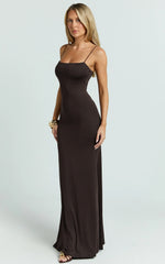 Edna Maxi Dress Straight Neck A Line Maxi Dress in Choc