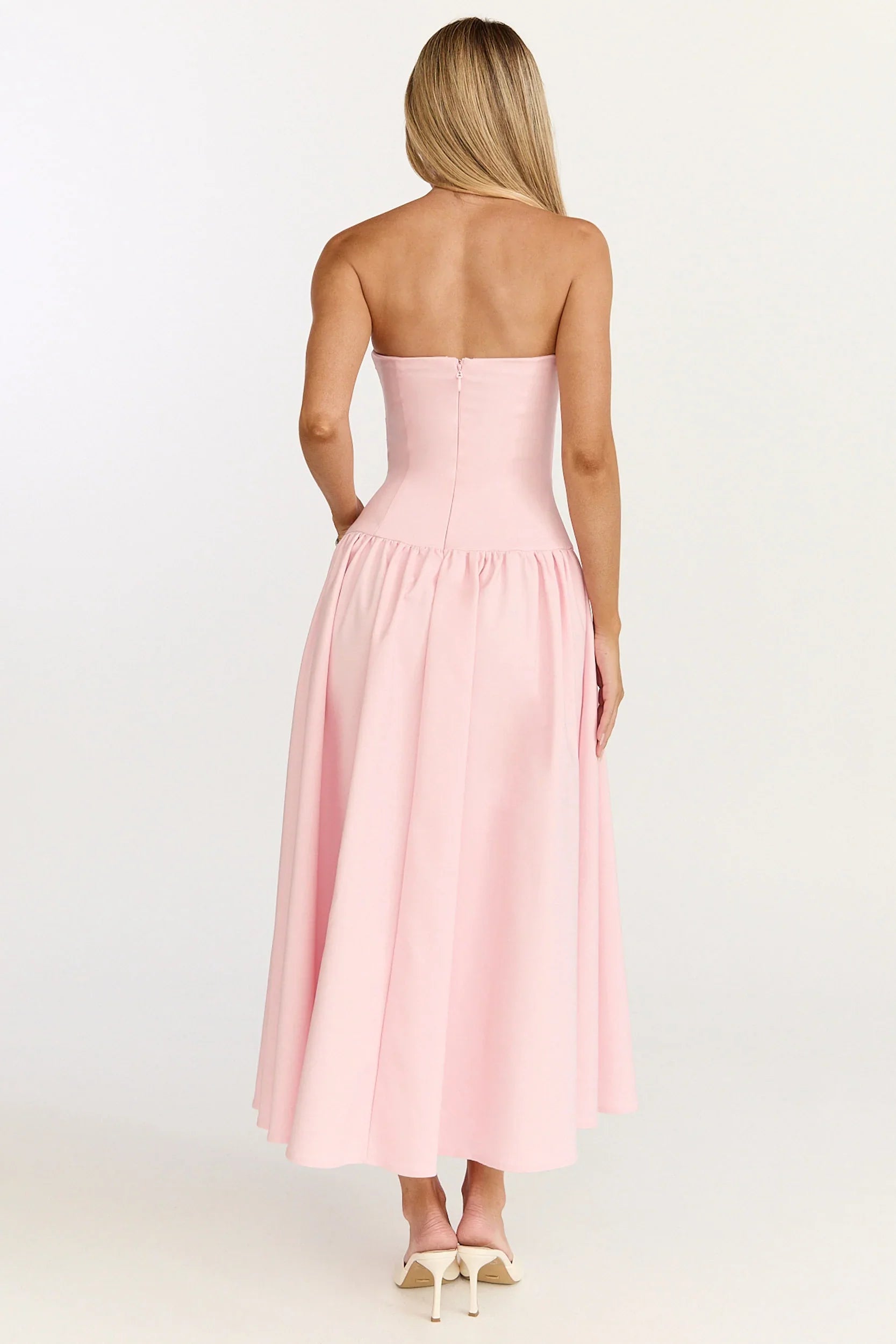 Louisa Maxi Dress Strapless Side Ruched Dropped Waist Fit And Flare Dress in Pink