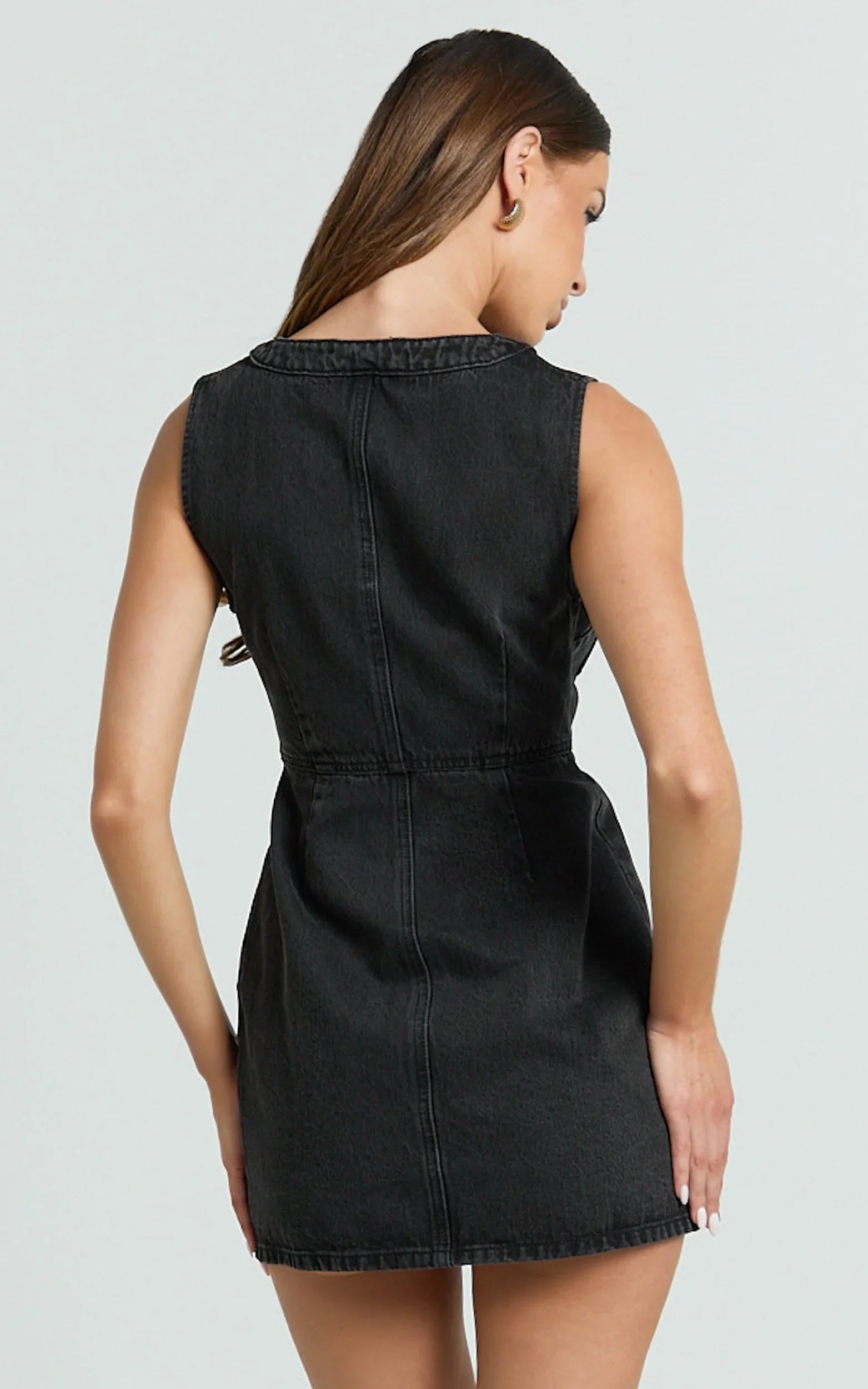 Stephanie Mini Dress Scoop Neck Pocket Detail Recycled Denim Dress in Washed Black