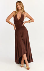 Celeste Maxi Dress Gathered Bodice Dropped Waist Halter Dress in Chocolate