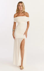 Alanna Maxi Dress Off Shoulder Ruched Mesh Dress in Cream