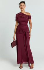 Nicolette Maxi Dress Cape Sleeve Off Shoulder Dress in Wine