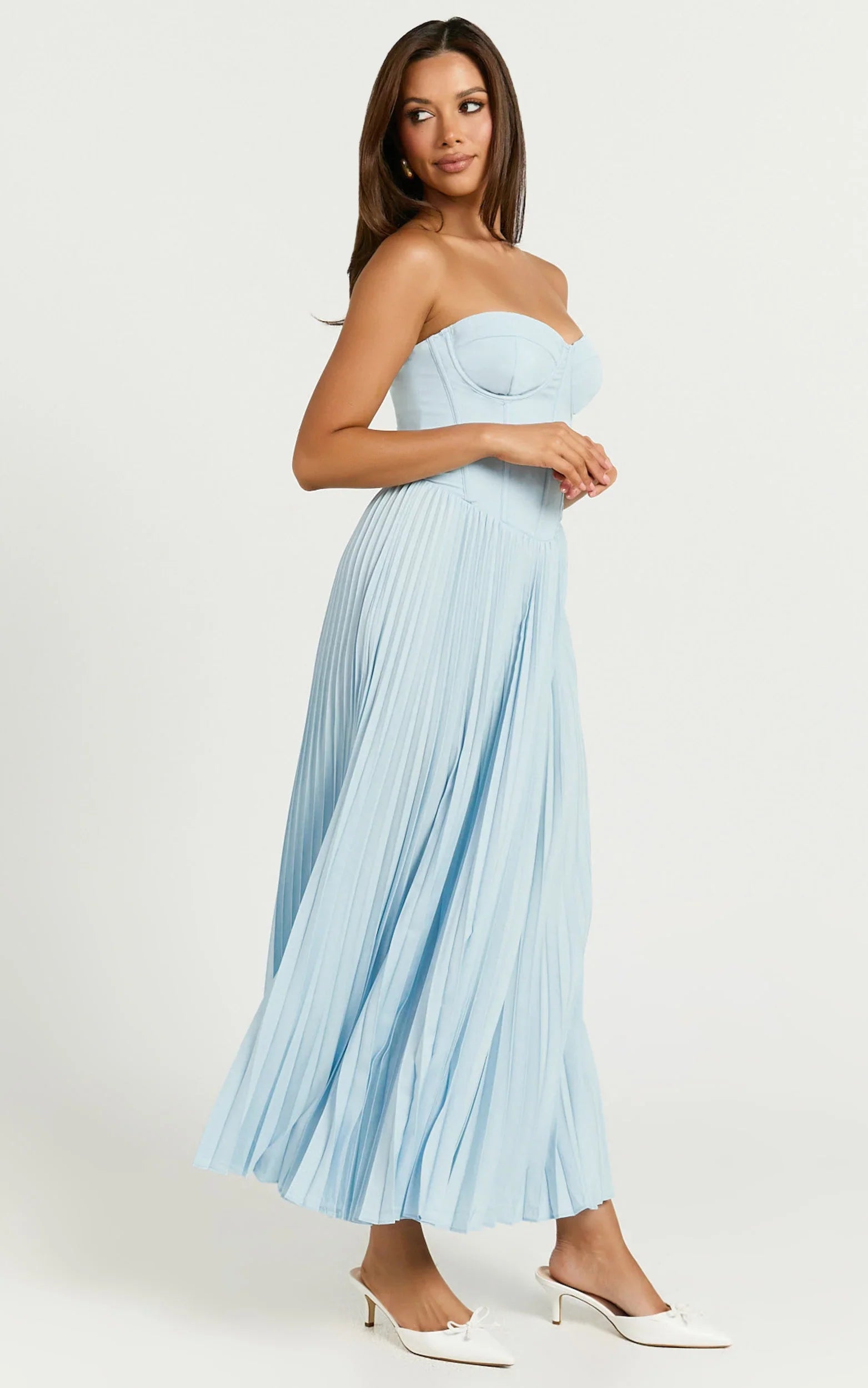 Loretta Midi Dress Lace Up Back Bustier Pleated Dress in Light Blue