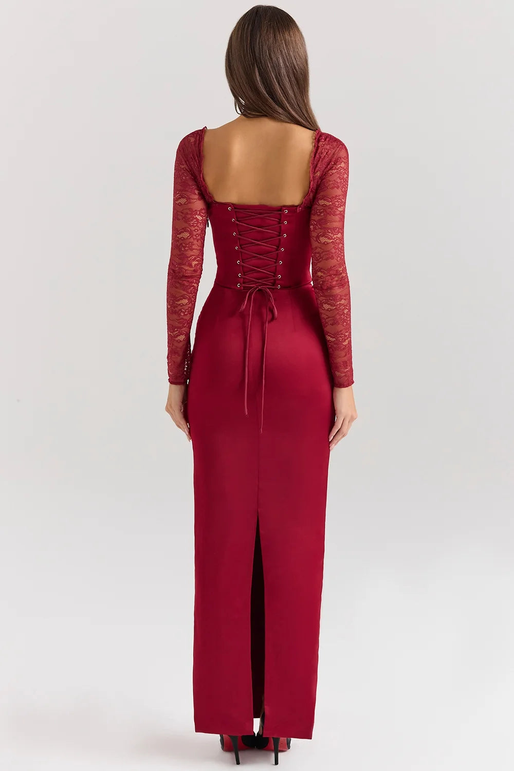 berry satin maxi dress with corset