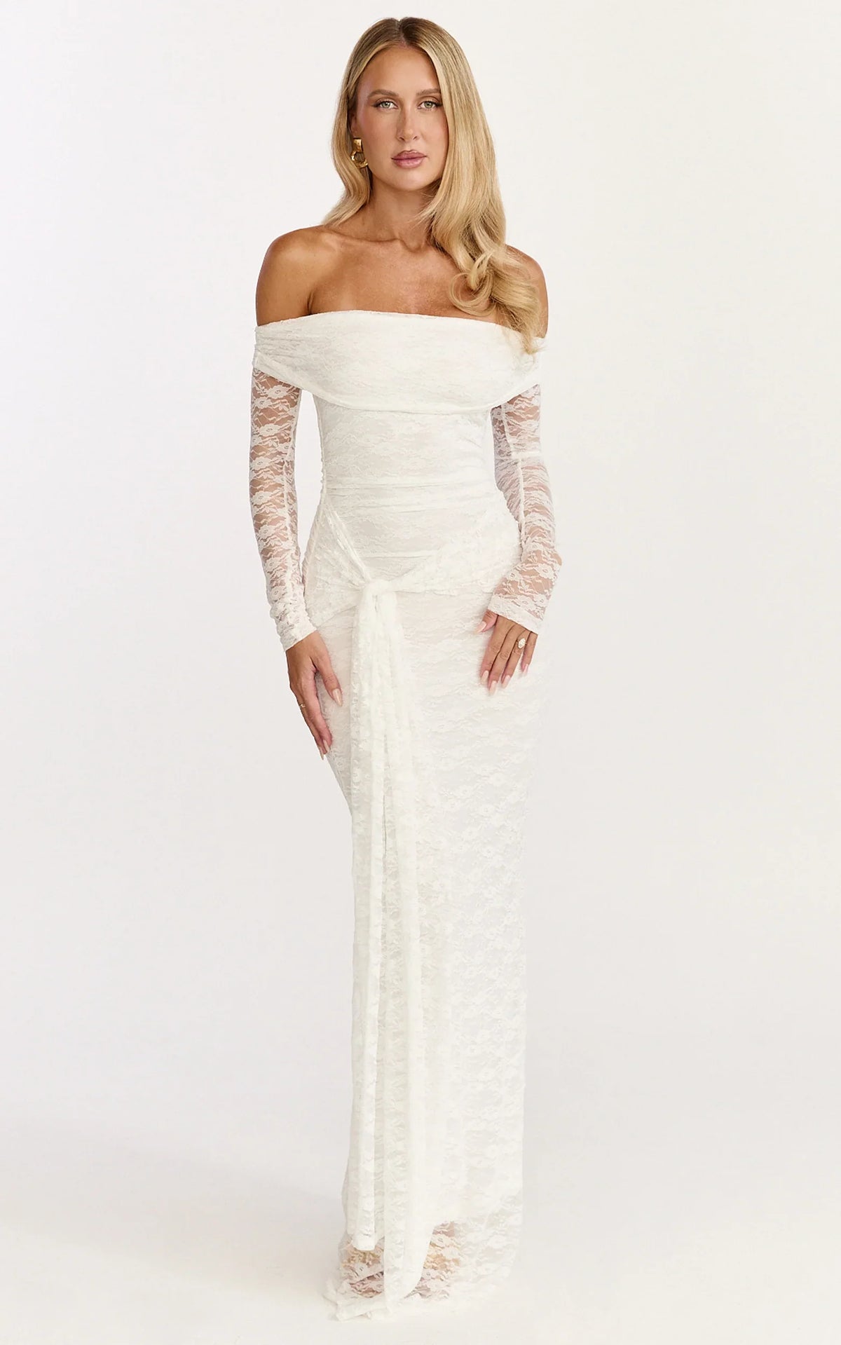 Melville Maxi Dress Off Shoulder Long Sleeve Lace Dress in White