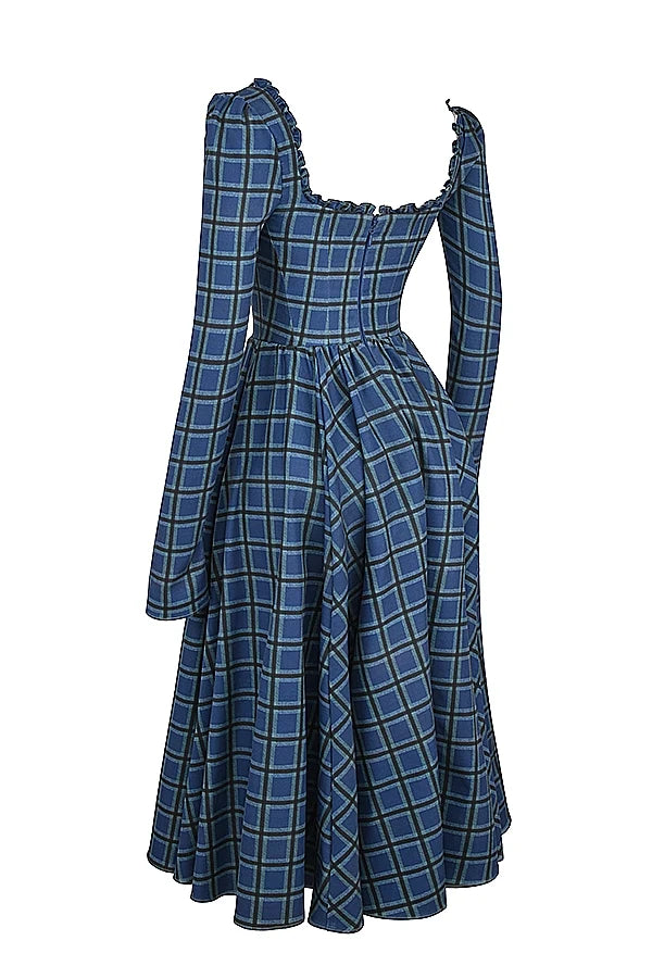 blue tartan midi dress