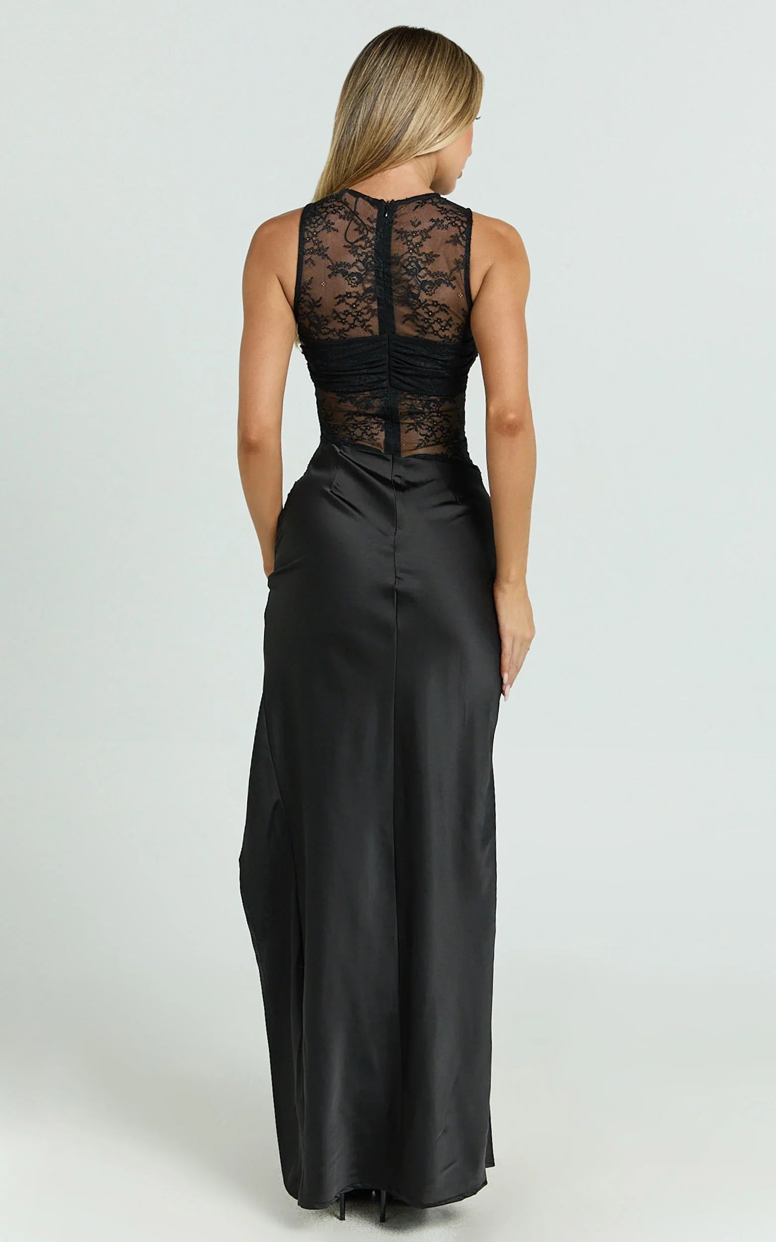 Reeves Maxi Dress Contrast Lace High Neck Fitted Satin Dress in Black