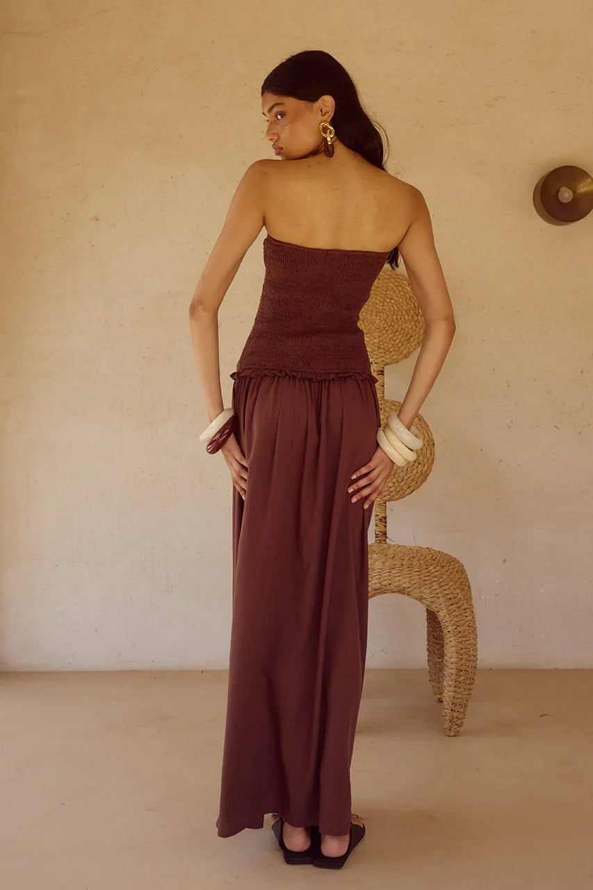 FLEUR SHIRRED STRAPLESSS MAXI DRESS CHOCOLATE