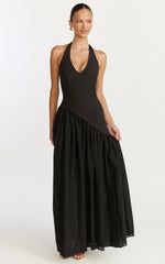 Calla Maxi Dress Halter Neck Asymmetric Dropped Waist Dress in Black