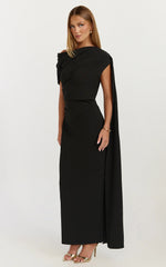 Visenta Midi Dress Asymmetrical Sleeve Dress in Black