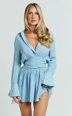 Valerie Mini Dress Collared Long Sleeve Waist Shirt Dress in Pale Blue