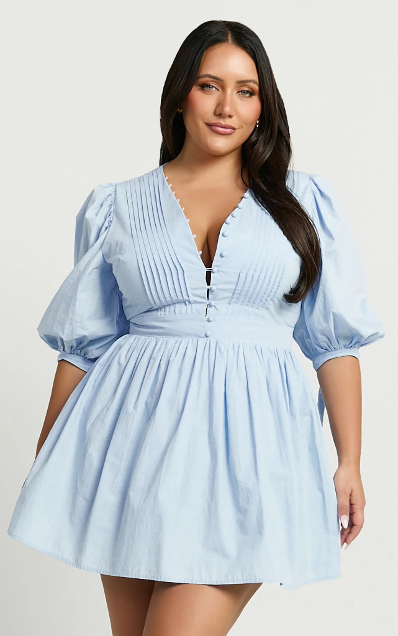 Zandra Mini Dress Puff Sleeve Poplin Dress in Icy Blue