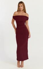 Lena Midi Dress Off Shoulder Ruched Bodycon Dress in Wine
