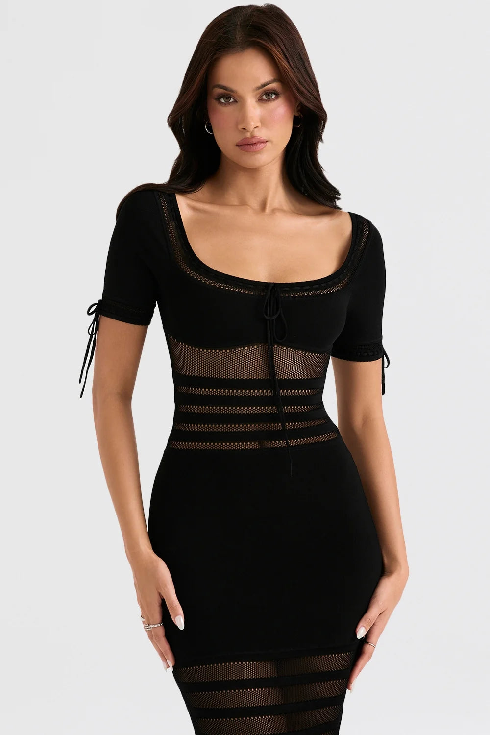 black openwork knit midi dress