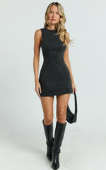 Olenna Mini Dress High Neck Fitted Denim Dress in Washed Black