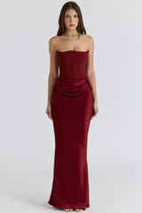 wine strapless corset maxi dress
