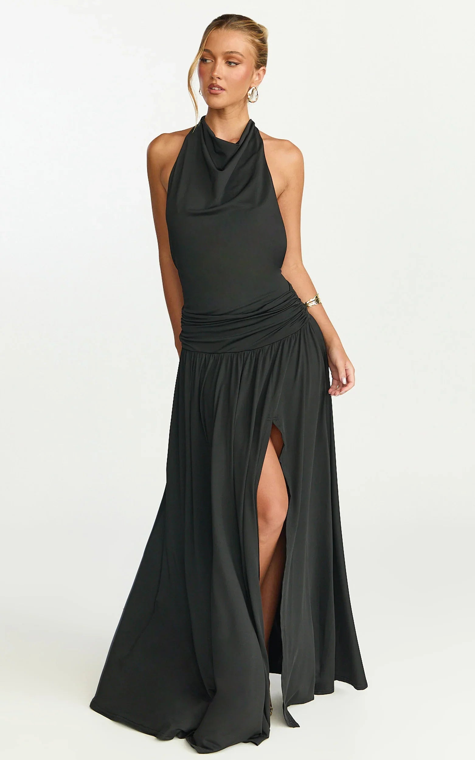 Sophia Maxi Dress Backless High Cowl Neck Jersey Dress in Black