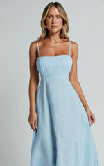 Brette Midi Dress Linen Straight Neck Strappy Fit And Flare Dress in Blue