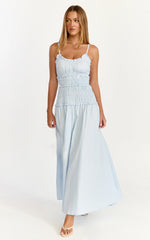 Cami Midi Dress Rushed Bodice Dress in Blue