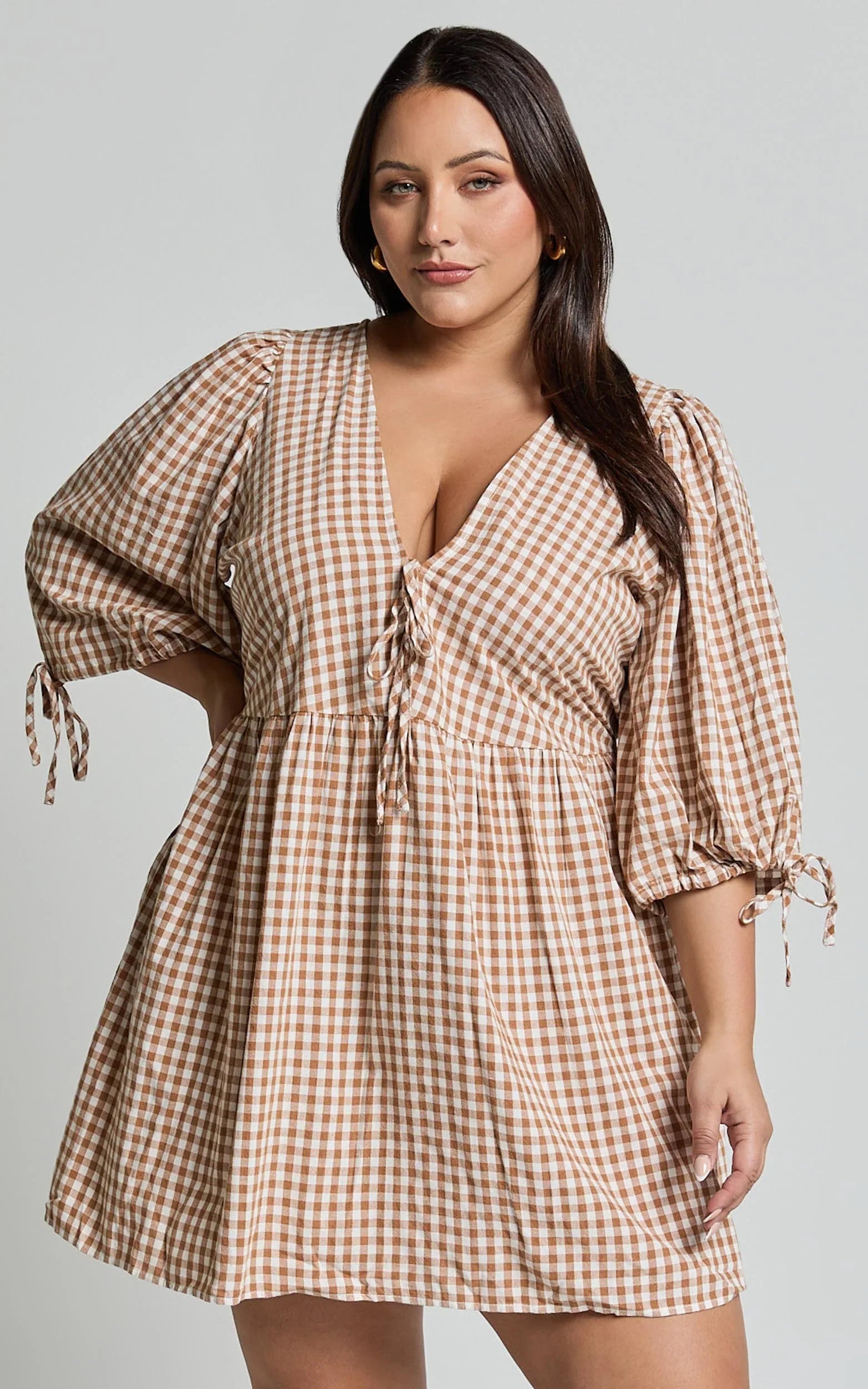 Rosita Mini Dress Tie Front Puff Sleeve Dress in Caramel White Gingham