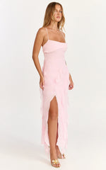 Connie Midi Dress Ruffle Detail Dress in Pink