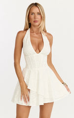 Lacey Mini Dress Lace Corset Style Bodice Halter Dress in White