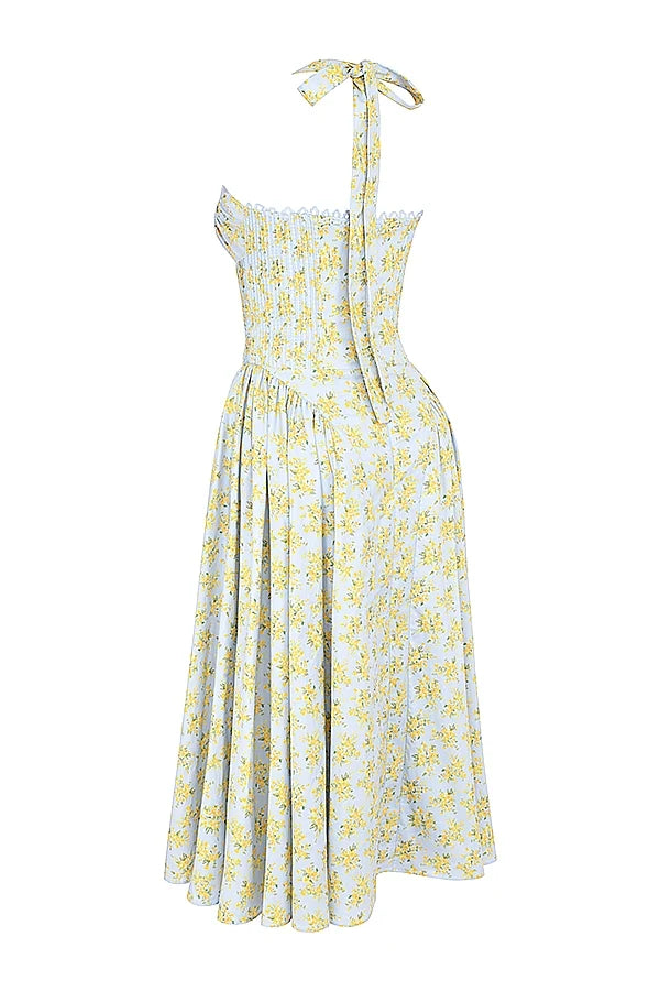 soft blue vintage floral print cotton halter sundress