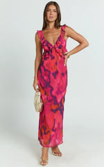 Alessa Midi Dress V Neck Frill Detail Empire Waist Back Cut Out Dress in Adeana Print