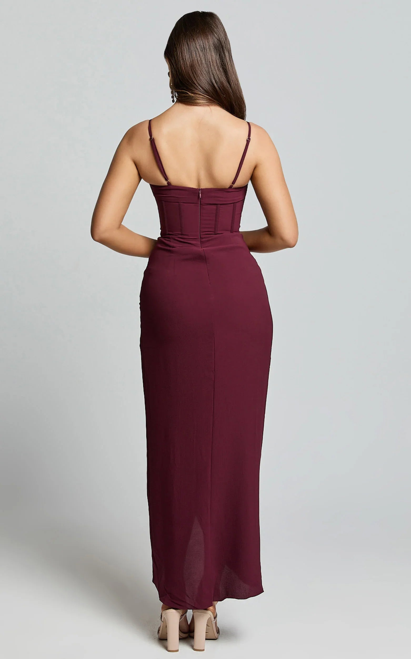 Andrina Midi Dress High Low Wrap Corset Dress in Wine