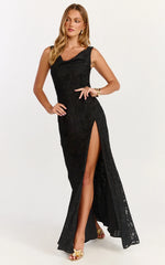 Rachel Maxi Dress Cowl Neck Jacquard Front Split Dress in Black