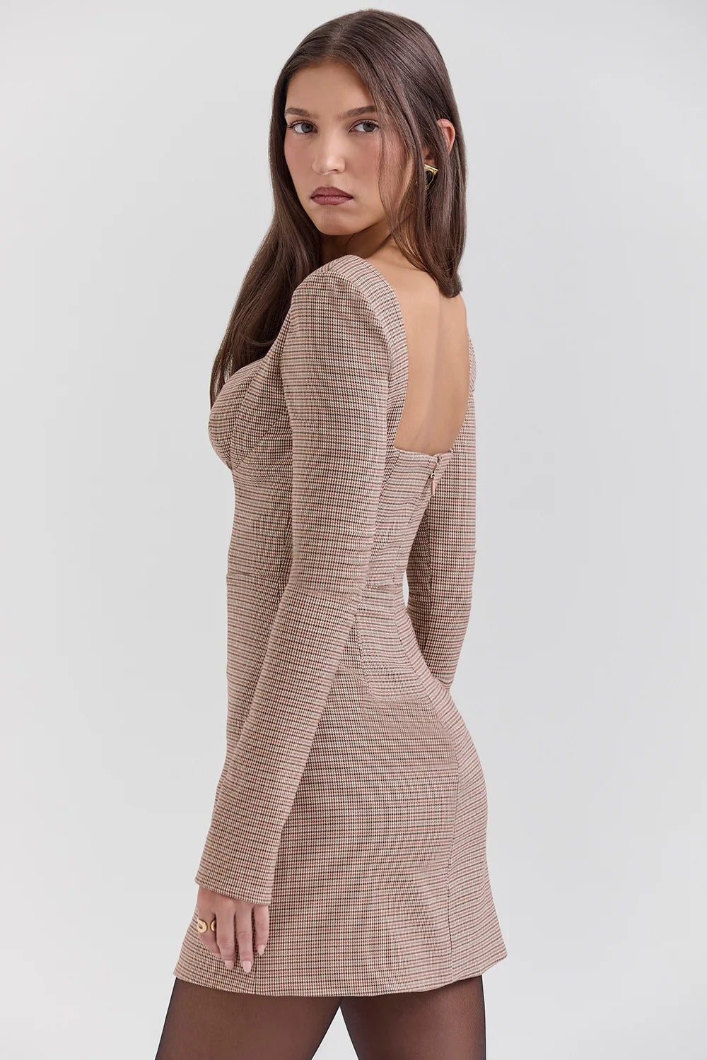 brown puppytooth check plunge mini dress sale