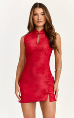 Atalia Mini Dress Mandarin Collar Jacquard A Line Dress in Red