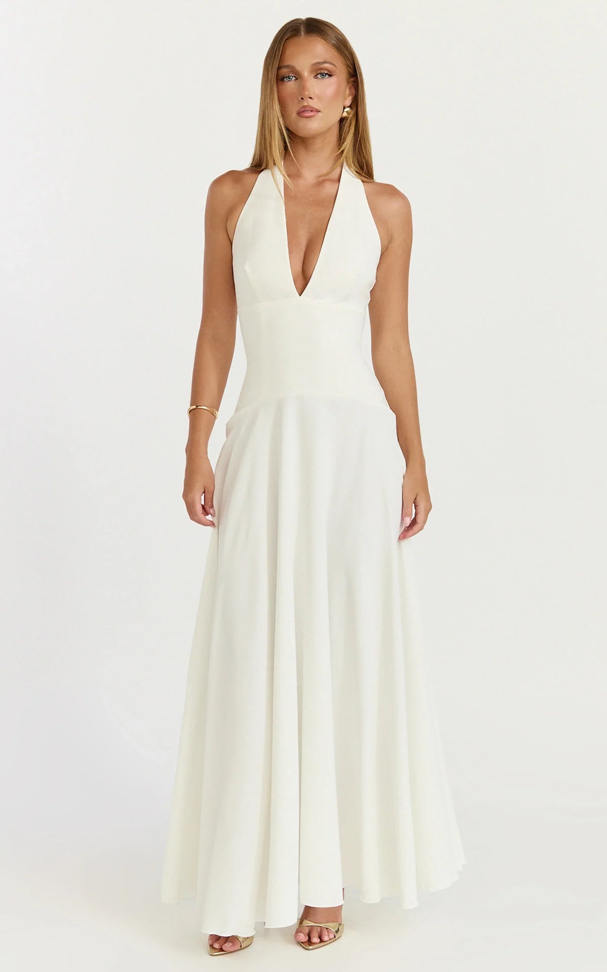 Poppy Maxi Dress Contrast Skirt Deep Plunge Halter Dress in Off White