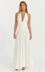 Poppy Maxi Dress Contrast Skirt Deep Plunge Halter Dress in Off White