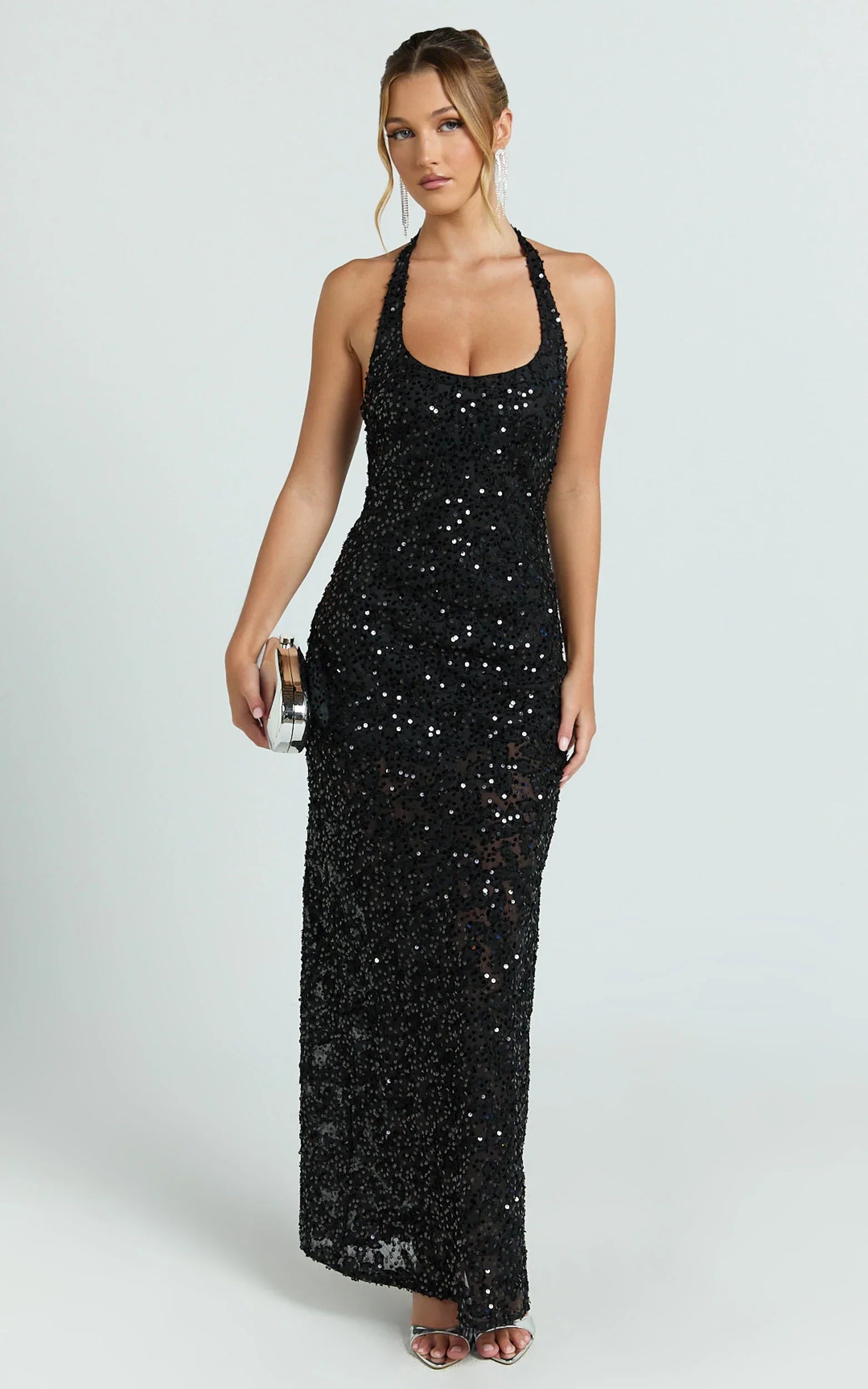 Benny Maxi Dress Halter Neck Backless Bodycon Dress in Black