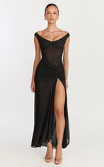 Demetria Maxi Dress Mesh Bodycon Dress in Black