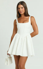 Aimee Mini Dress Scoop Neck Corset Gathered Dress in White