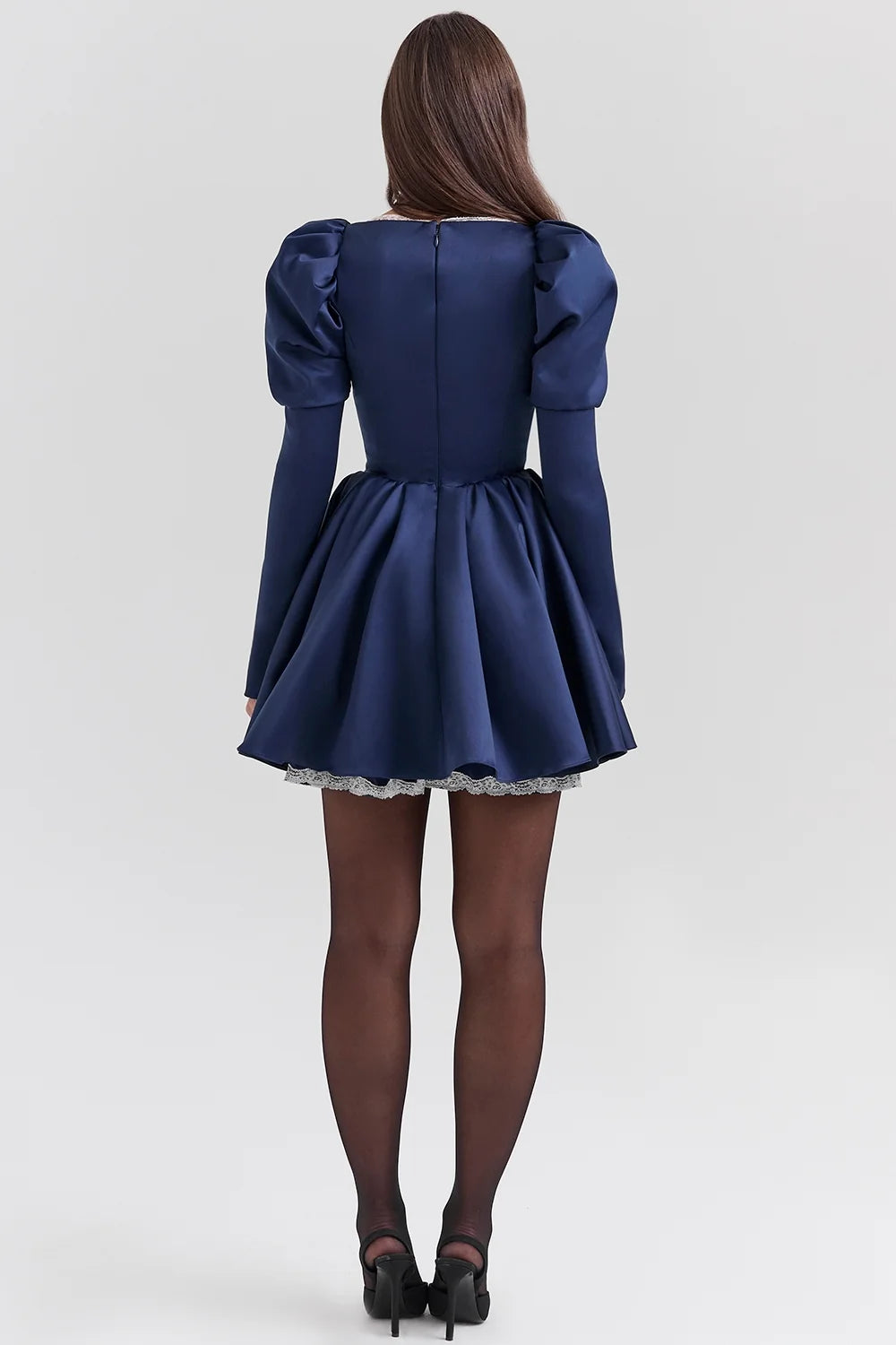 midnight satin puff sleeve mini dress sale