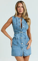 Stephanie Mini Dress Scoop Neck Pocket Detail Recycled Denim Dress in Light Blue Wash
