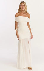 Alanna Maxi Dress Off Shoulder Ruched Mesh Dress in Cream