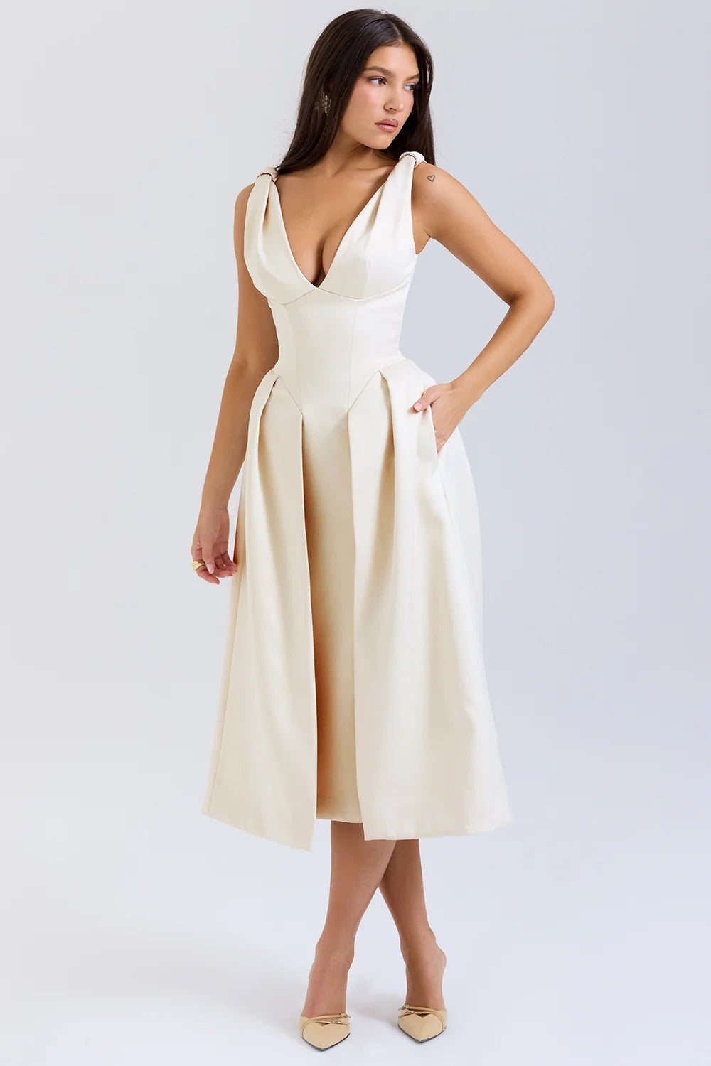 vintage cream satin pleated midi dress sale