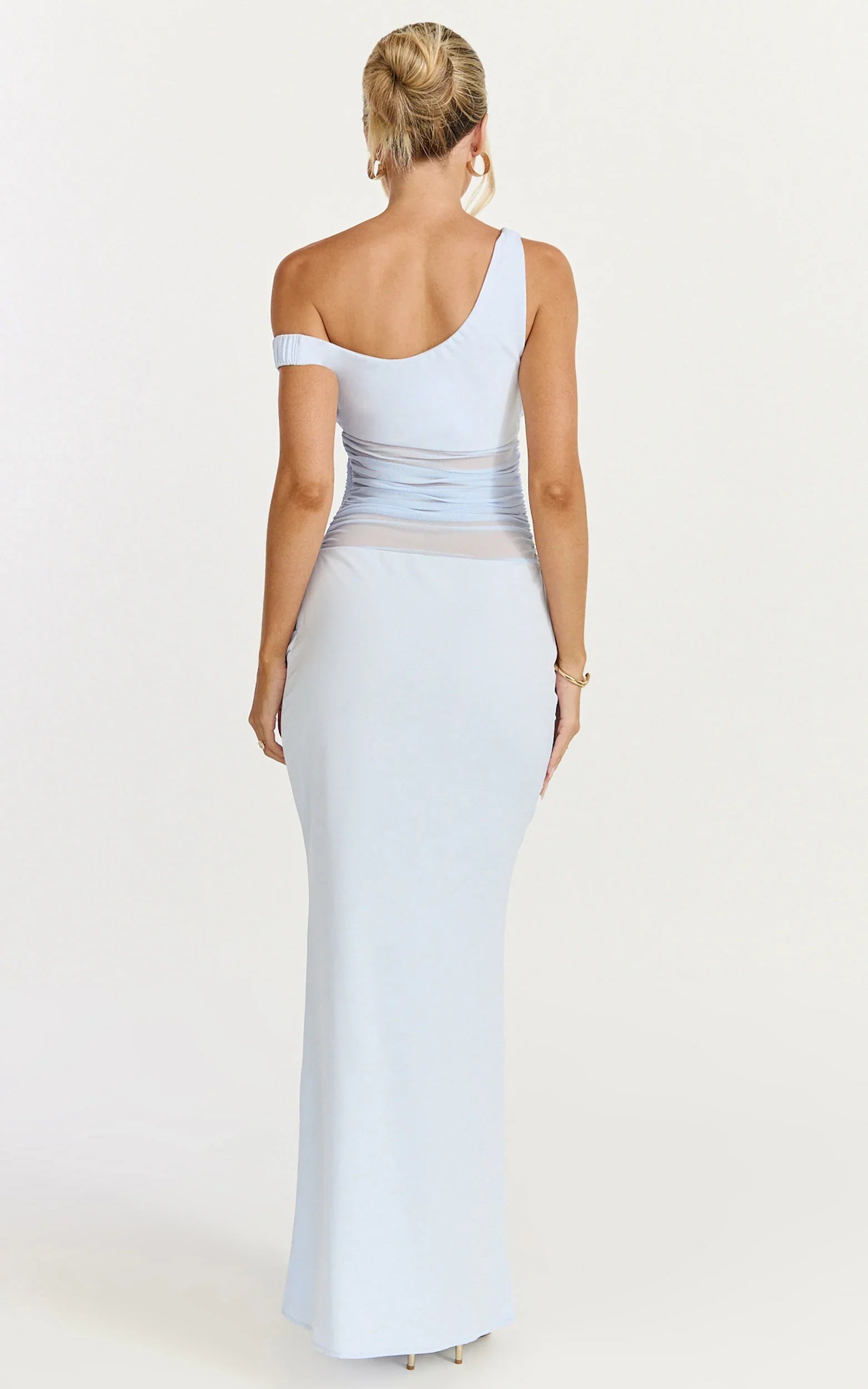 Elias Maxi Dress Twisted One Shoulder Cowl Dropped Waist Dress in Blue