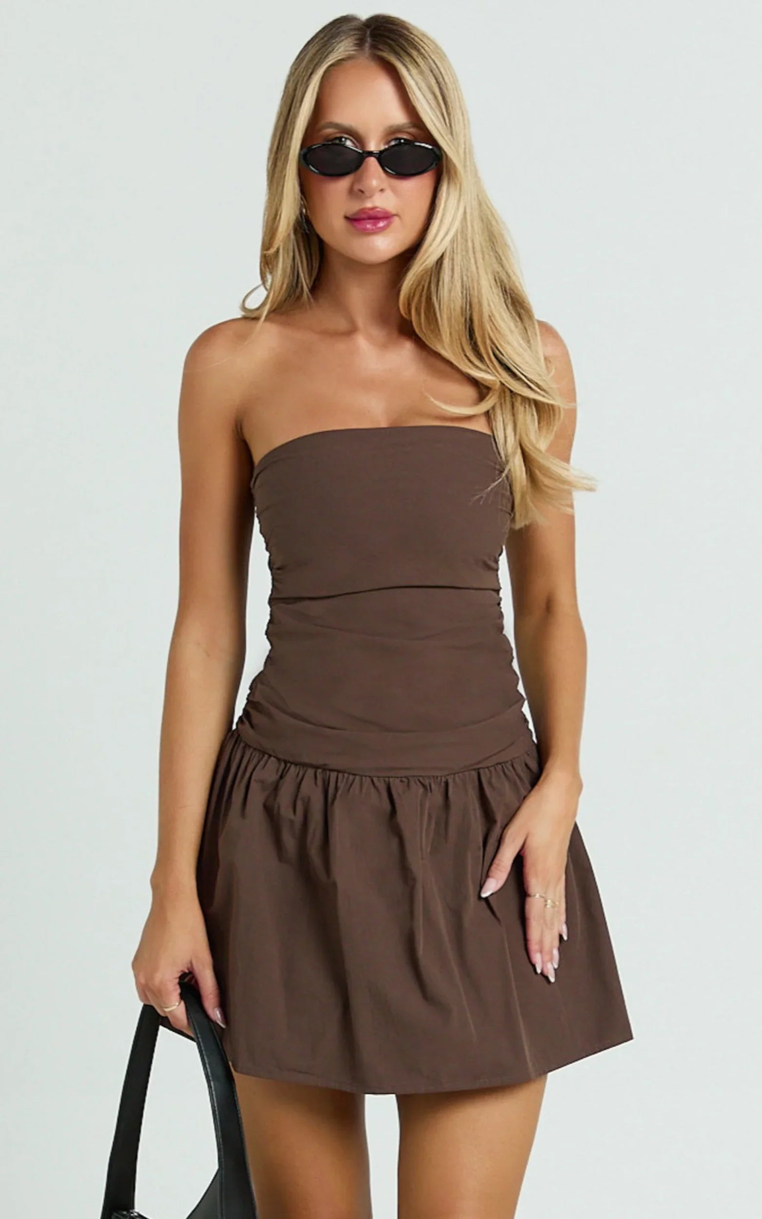 Donatella Mini Dress Strapless Drop Waist Dress in Chocolate