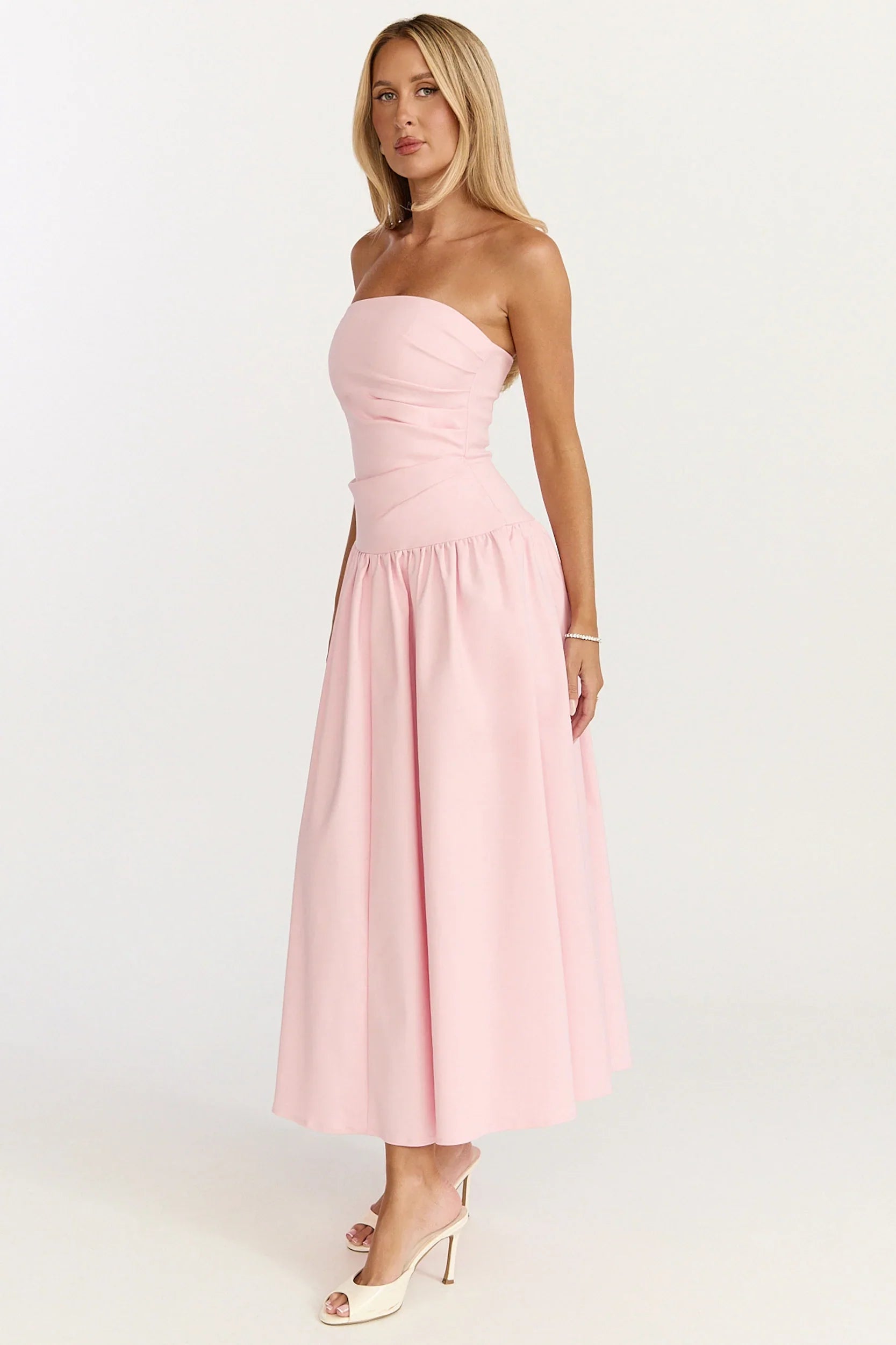 Louisa Maxi Dress Strapless Side Ruched Dropped Waist Fit And Flare Dress in Pink