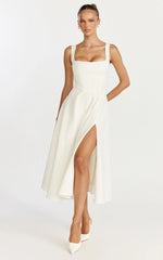 Bernie Midi Dress Square Neck Strapped Full Circle Skirt Dress in White