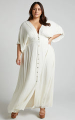 Sitting Pretty Maxi Dress Short Sleeve Button Down Dress in Natural
